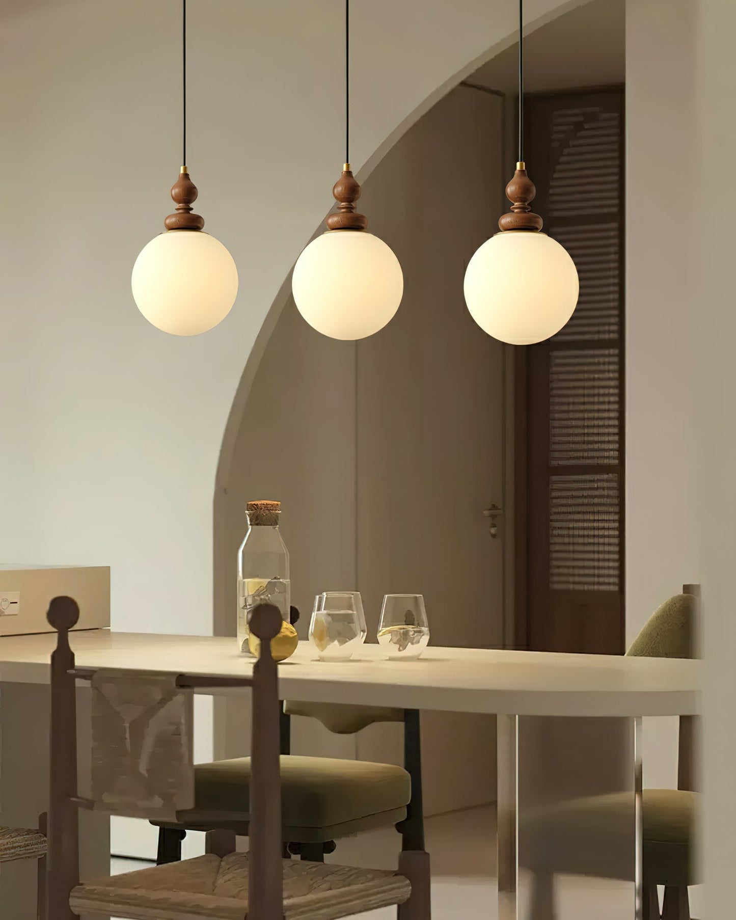 Round Wooden Pendant Lamp with White Glass Shade