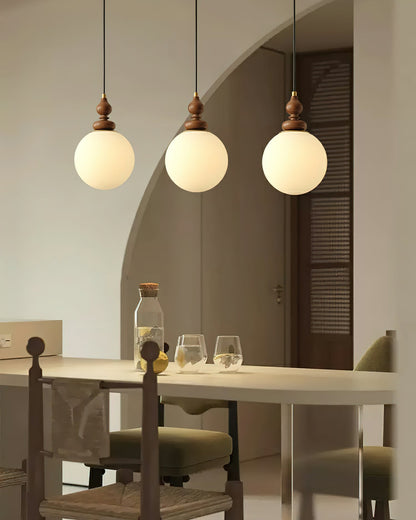 Round Wooden Pendant Lamp with White Glass Shade