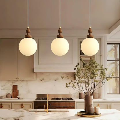 Round Wooden Pendant Lamp with White Glass Shade