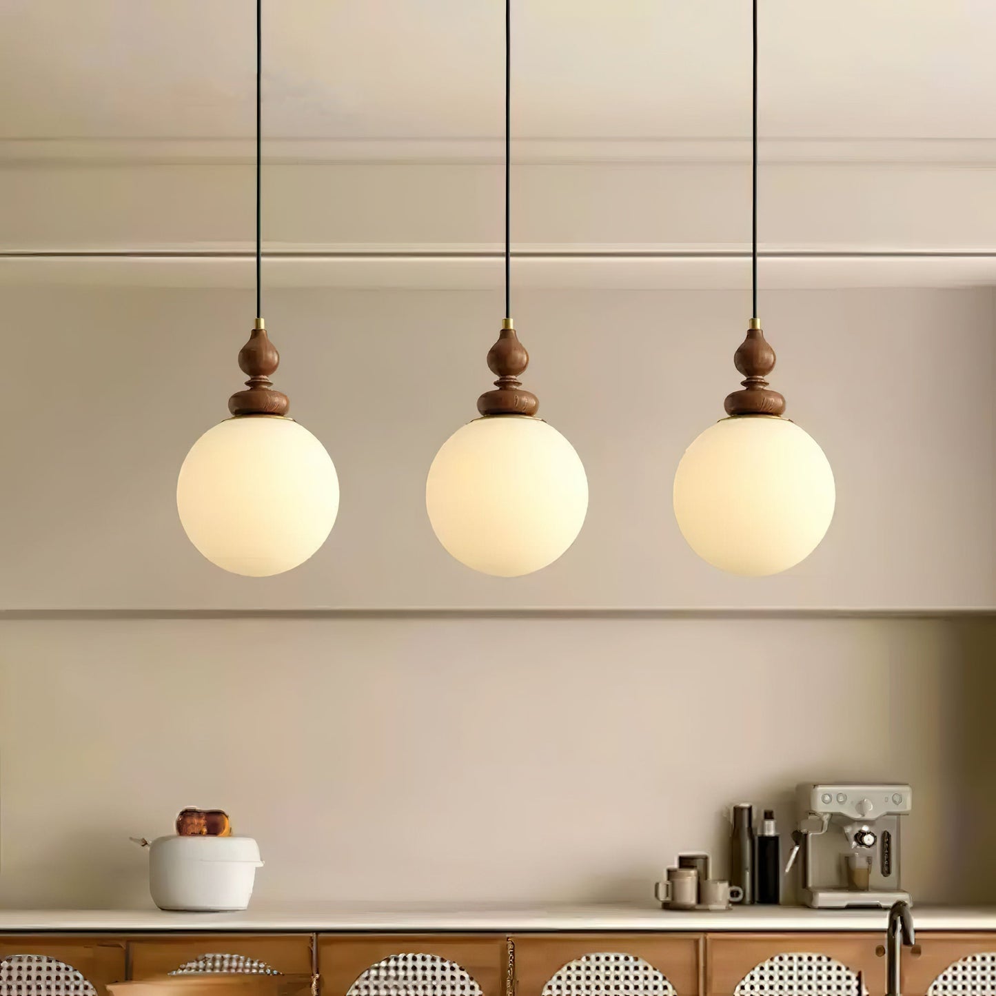 Round Wooden Pendant Lamp with White Glass Shade