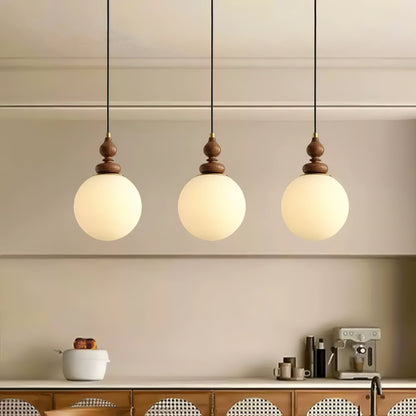 Round Wooden Pendant Lamp with White Glass Shade