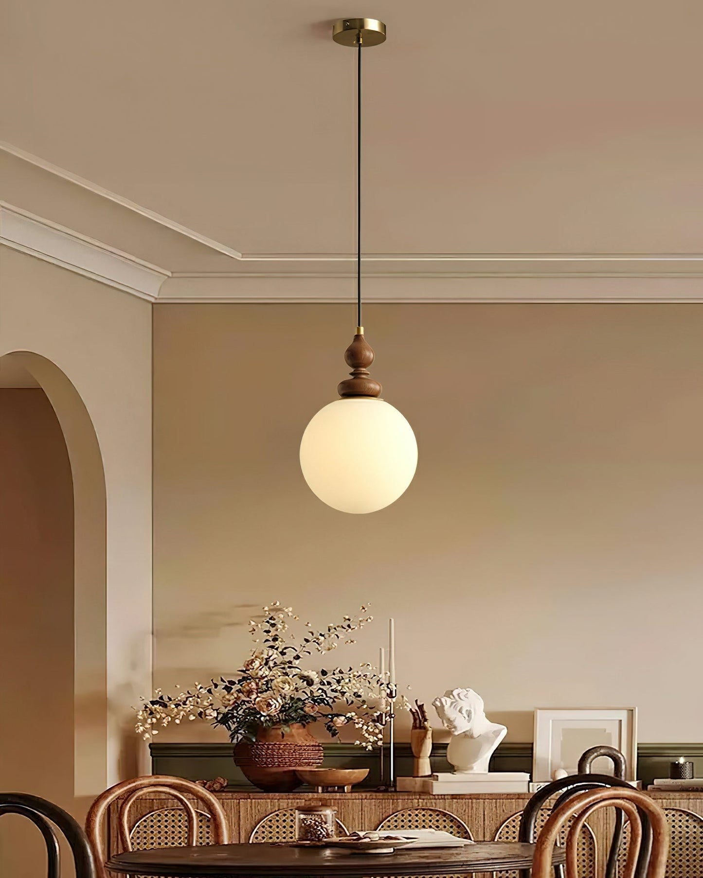 Round Wooden Pendant Lamp with White Glass Shade