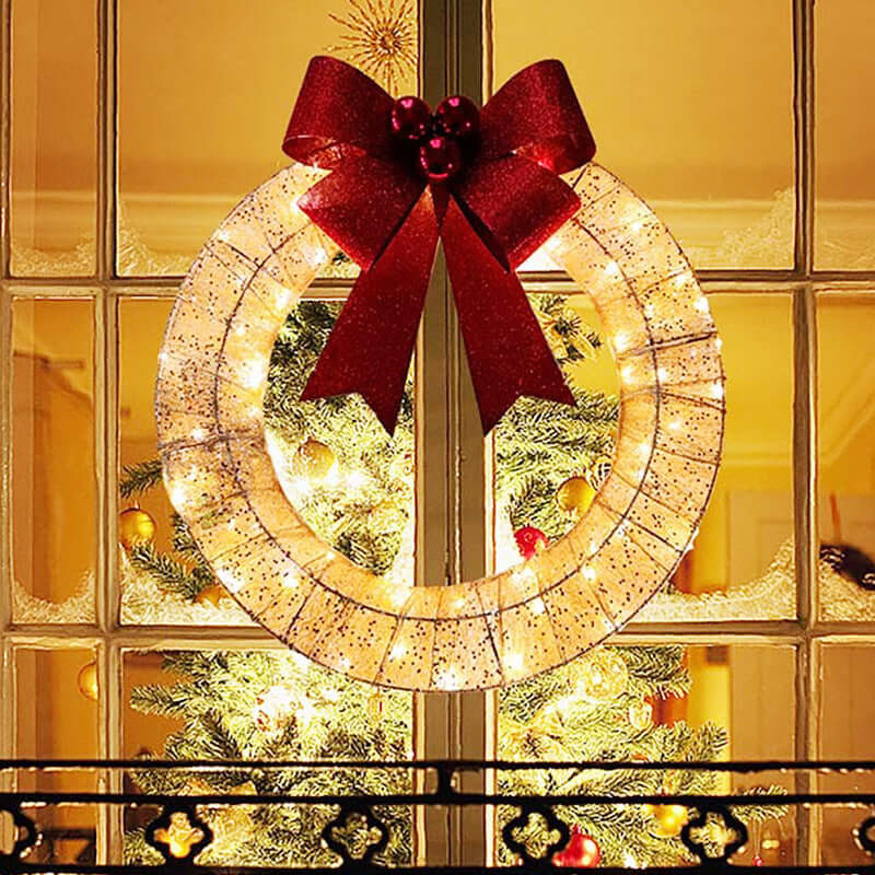 Festive LED Christmas Wreath with Large Bow Decor - Cofik