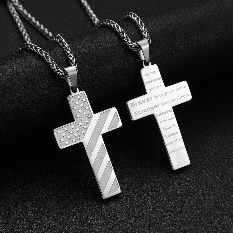 Patriotic USA Flag Cross Pendant Necklace