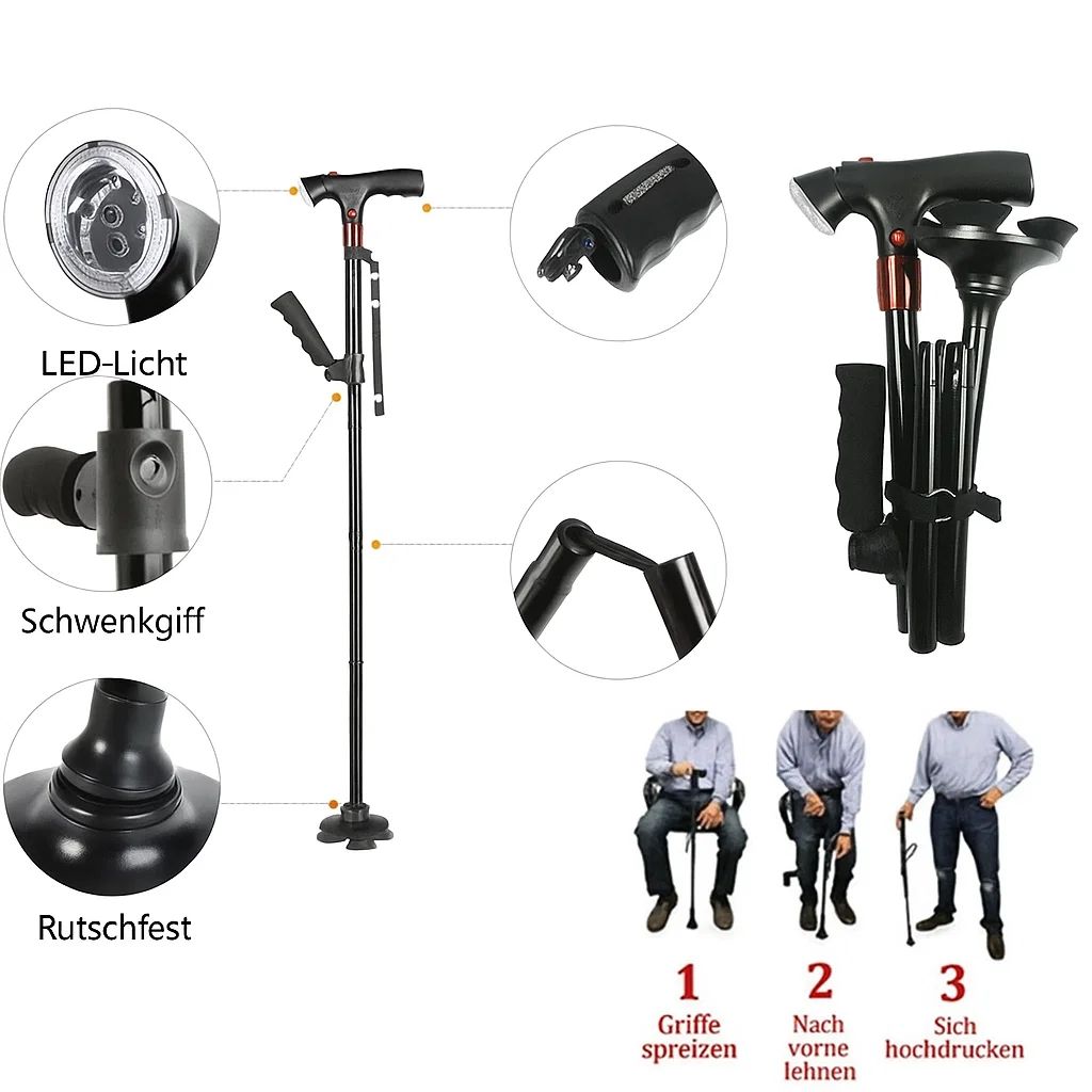 Portable LED Walking Stick with Alarm and Grip
