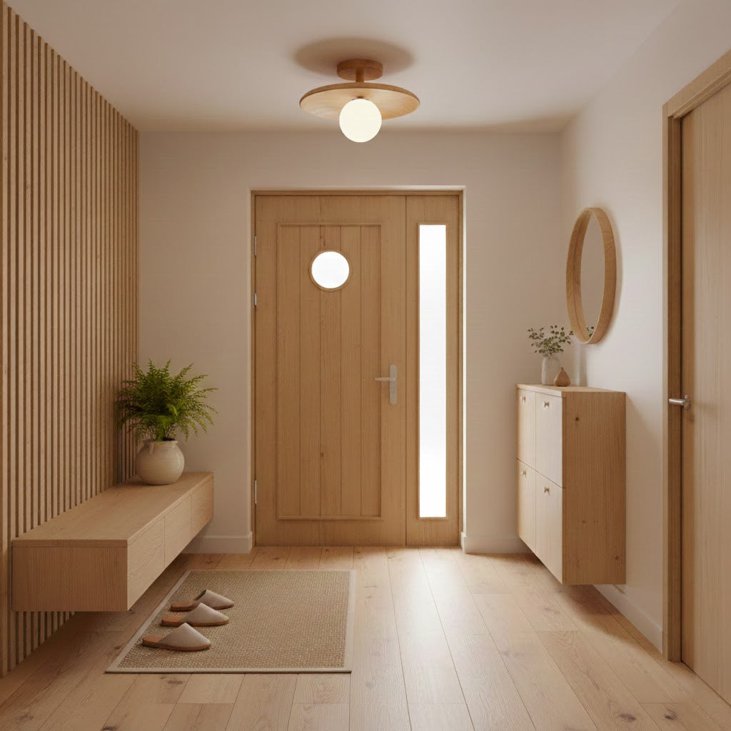 Classic Wooden Pendant Light with White Glass Shade