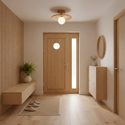 Classic Wooden Pendant Light with White Glass Shade