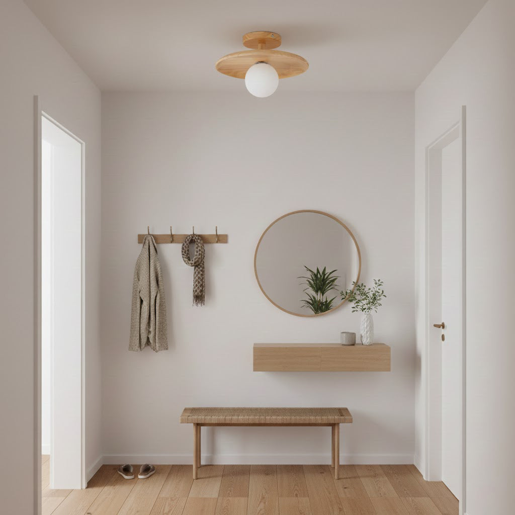 Classic Wooden Pendant Light with White Glass Shade