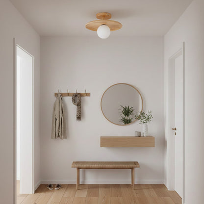 Classic Wooden Pendant Light with White Glass Shade