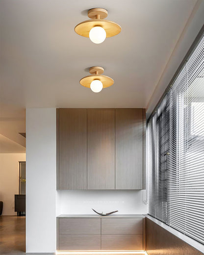 Classic Wooden Pendant Light with White Glass Shade