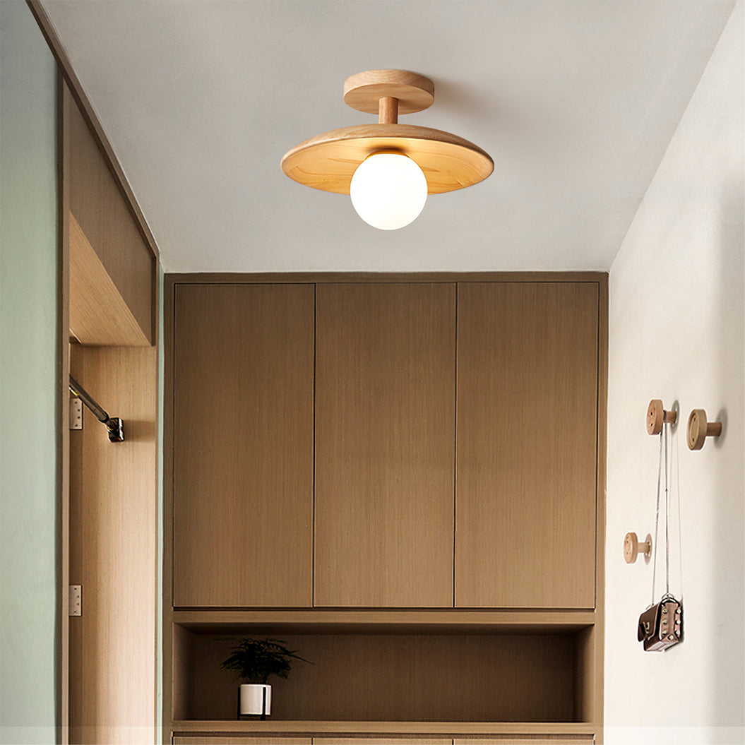 Classic Wooden Pendant Light with White Glass Shade