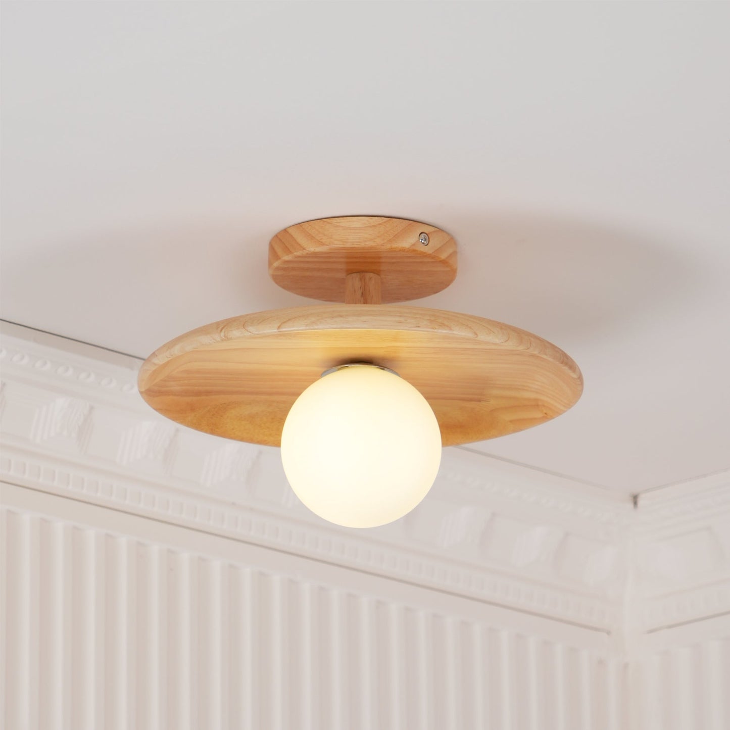 Classic Wooden Pendant Light with White Glass Shade