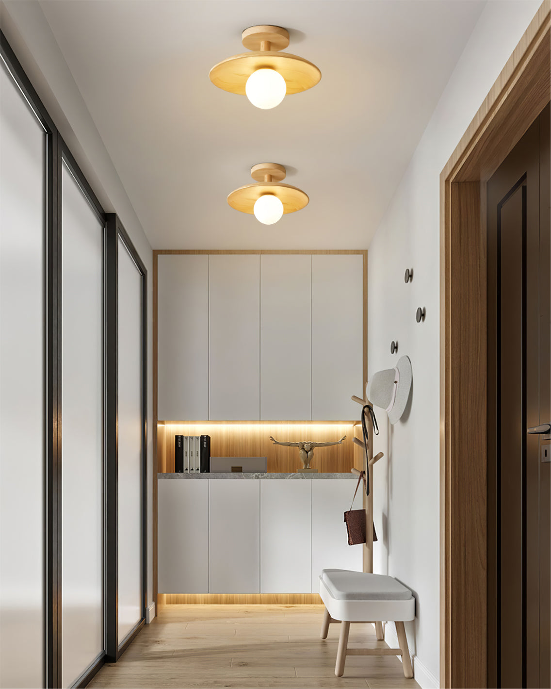 Classic Wooden Pendant Light with White Glass Shade