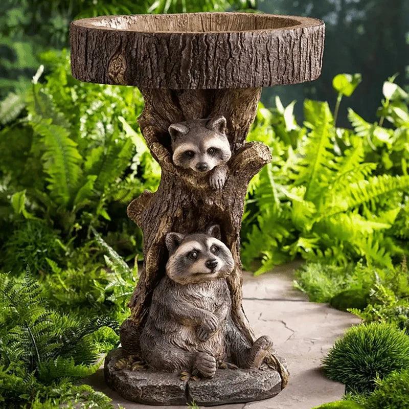 Classic Outdoor Bird Bath with Cute Raccoon Decor
