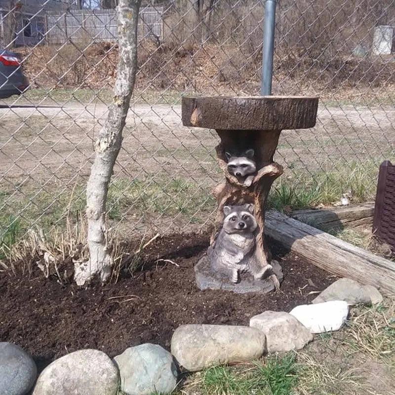 Classic Outdoor Bird Bath with Cute Raccoon Decor