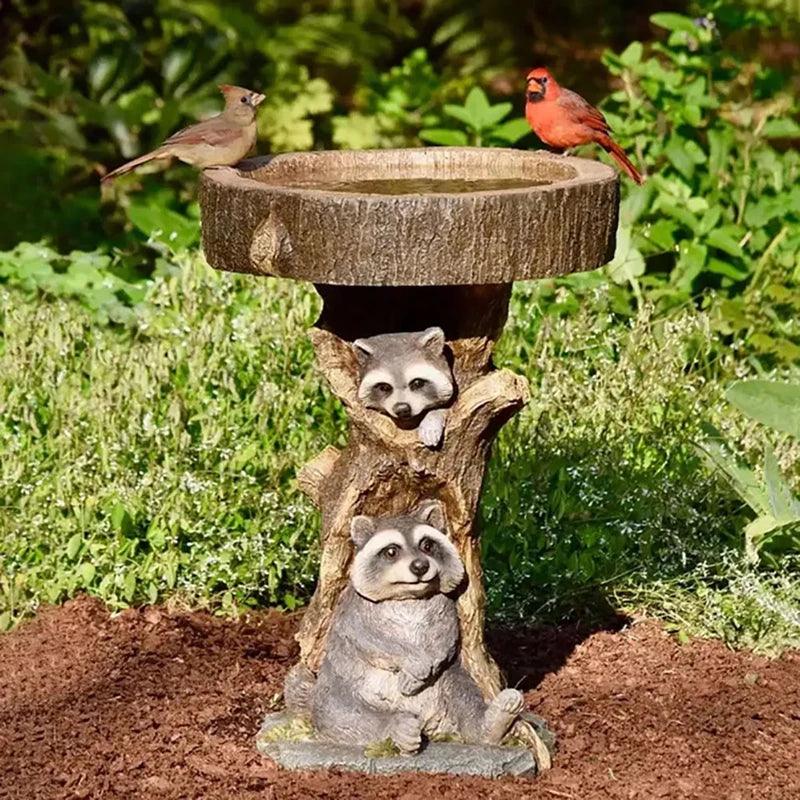 Classic Outdoor Bird Bath with Cute Raccoon Decor