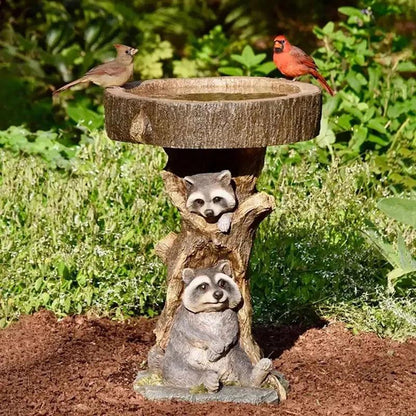 Classic Outdoor Bird Bath with Cute Raccoon Decor