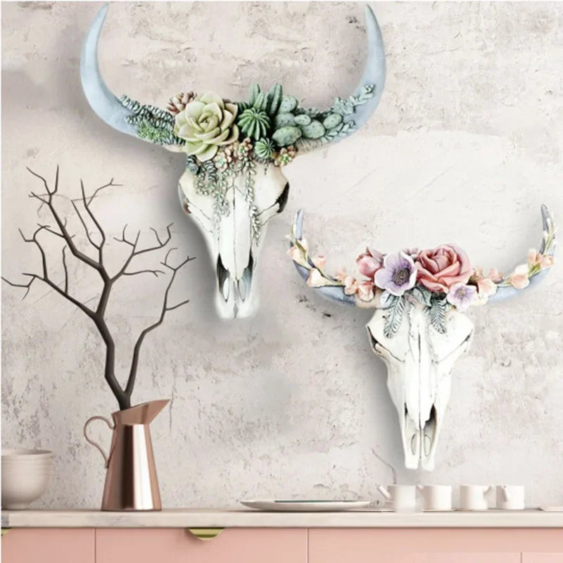 Western Cow Skull Floral Wall Art Resin Decor - Cofik