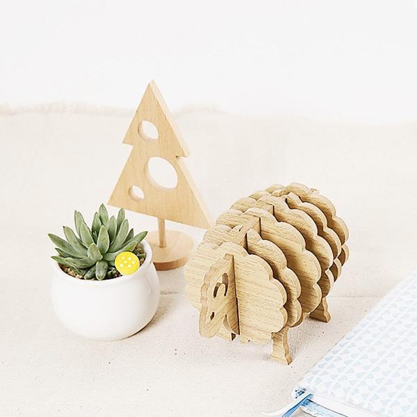 Natural Wood Sheep Coasters Set of 6