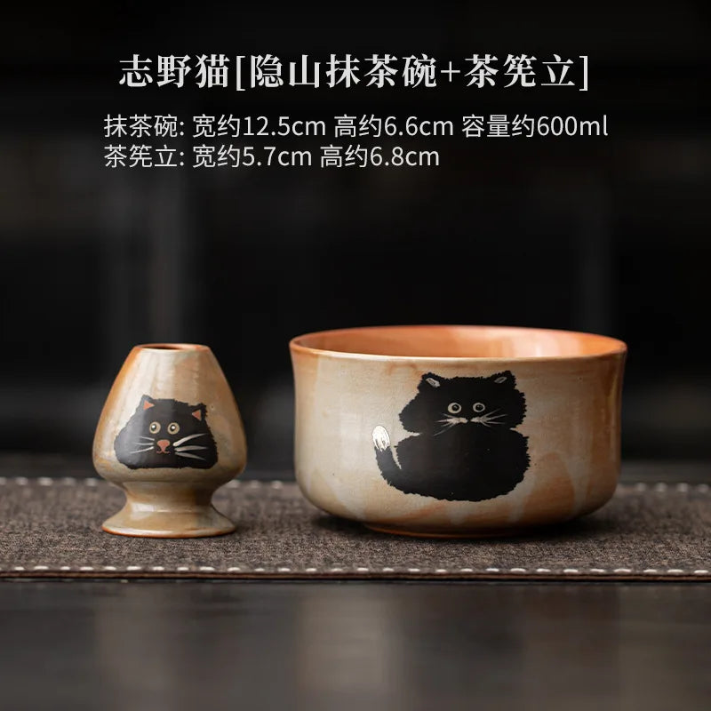 Green Tea Cat Mug Set 4pc Bamboo Spoon Ceramic Cup
