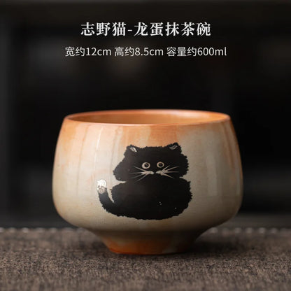 Green Tea Cat Mug Set 4pc Bamboo Spoon Ceramic Cup