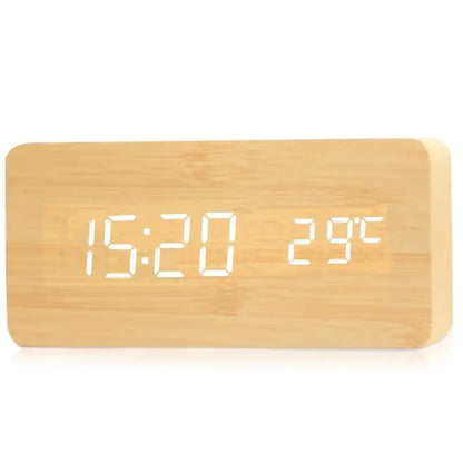 Stylish Wooden LED Clock with Alarm and Temperature