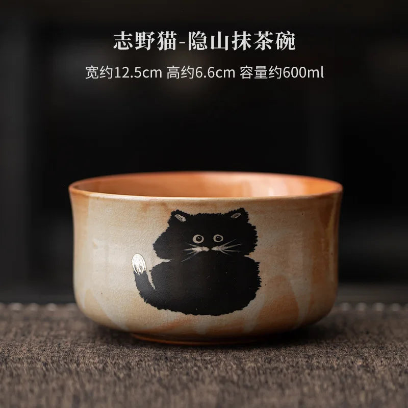 Green Tea Cat Mug Set 4pc Bamboo Spoon Ceramic Cup