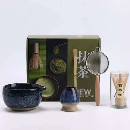 Traditional Blue Matcha Tea Set with Bowl and Whisk