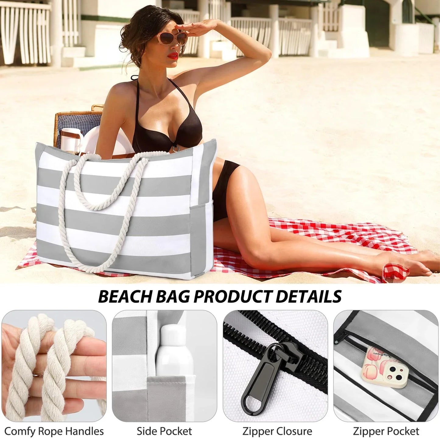 Stylish Striped Beach Tote Bag with Zipper