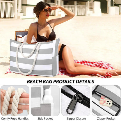 Stylish Striped Beach Tote Bag with Zipper