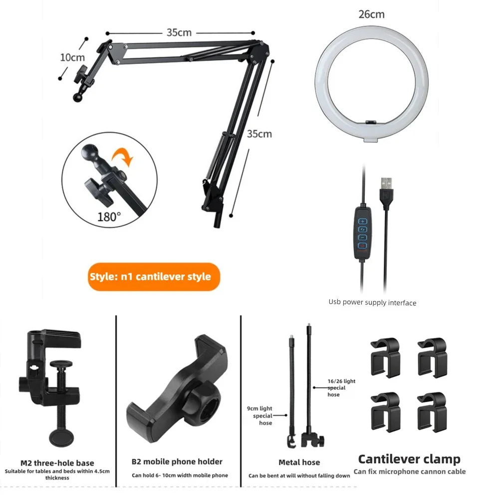 Portable LED Ring Light with Adjustable Arm & Phone Mount