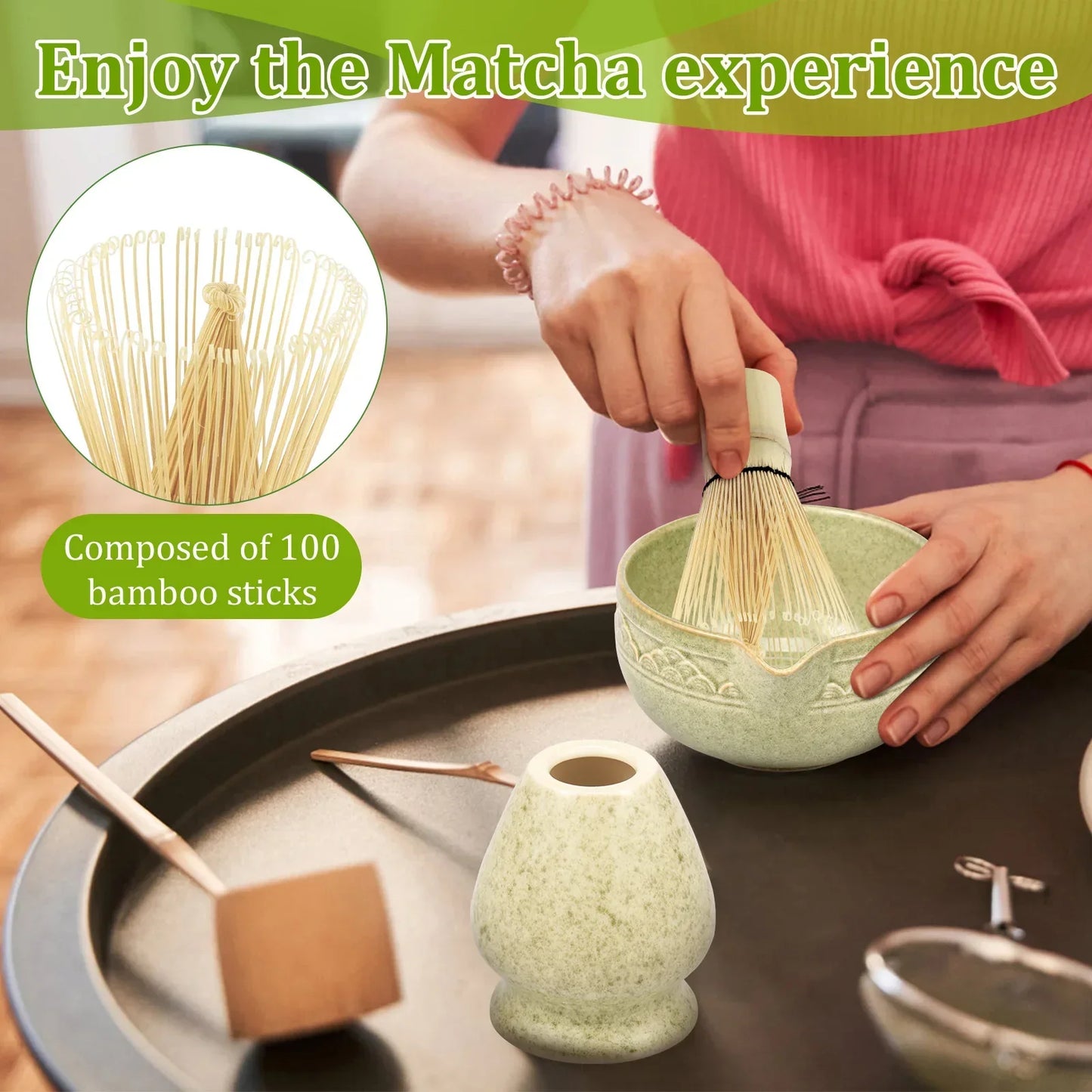 Japanese Tea Set 5-Piece Ceramic Bowl Whisk Holder Spoon