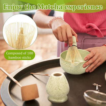 Japanese Tea Set 5-Piece Ceramic Bowl Whisk Holder Spoon