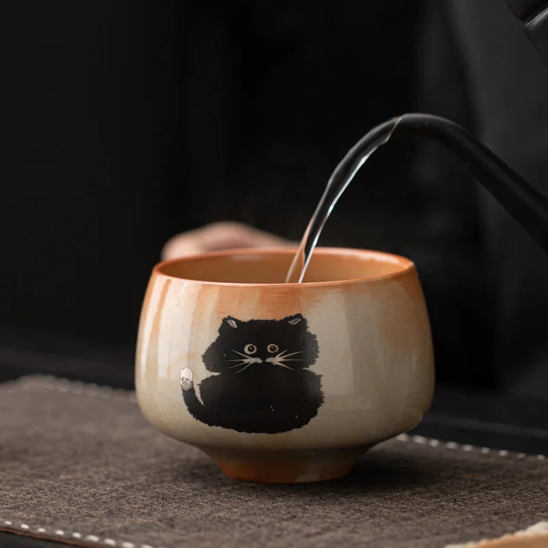 Green Tea Cat Mug Set 4pc Bamboo Spoon Ceramic Cup