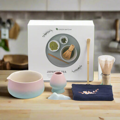 Traditional Green Tea Ceramic Set with Bamboo Handle