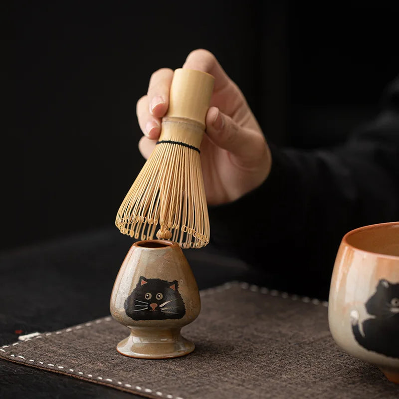 Green Tea Cat Mug Set 4pc Bamboo Spoon Ceramic Cup