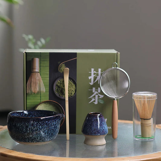 Traditional Blue Matcha Tea Set with Bowl and Whisk - Cofik