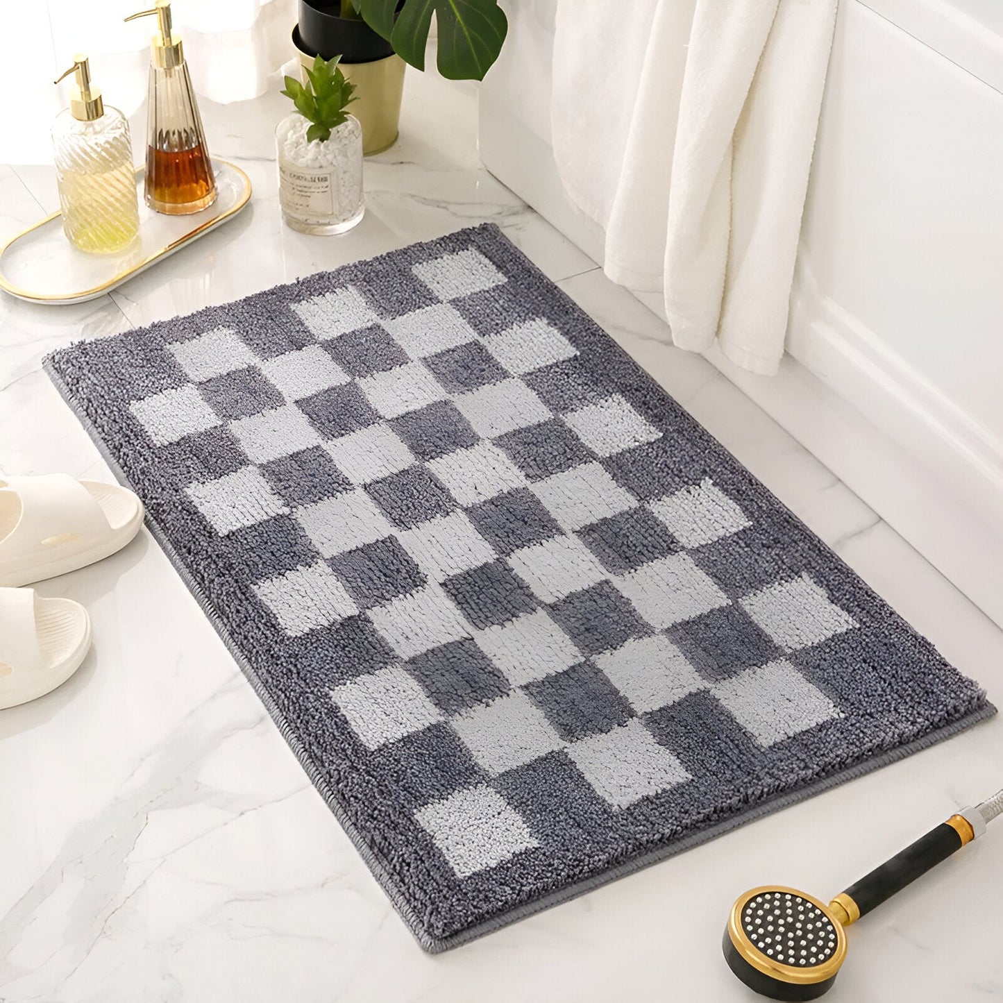 Soft Checker Pattern Bathroom Mat Black White