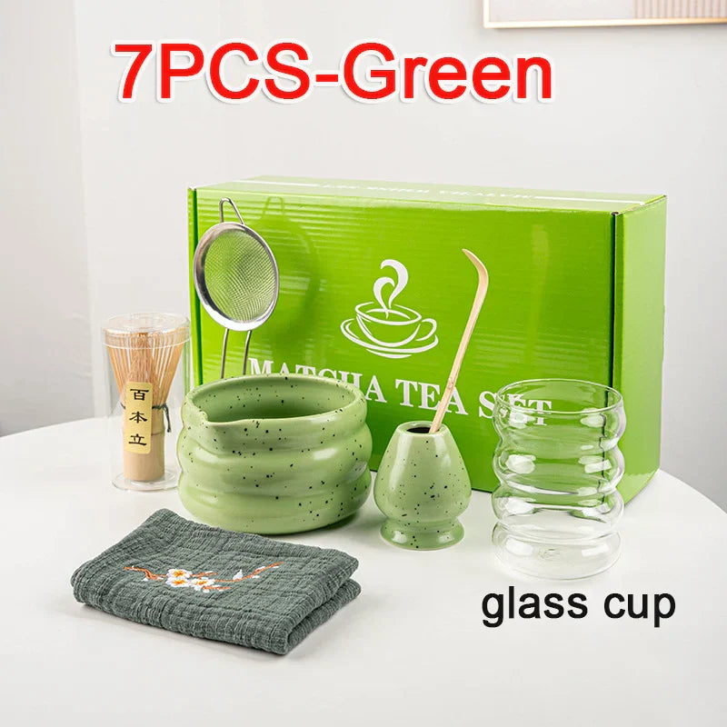 Natural Bamboo Matcha Tea Set 7 Piece Ceramic
