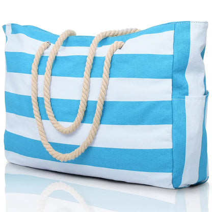 Stylish Striped Beach Tote Bag with Zipper - Cofik