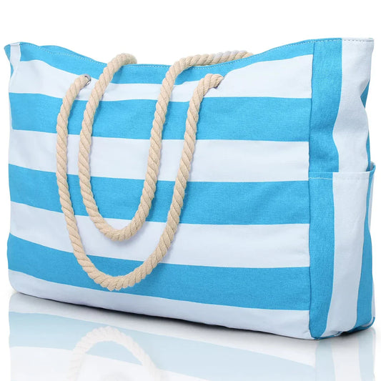 Stylish Striped Beach Tote Bag with Zipper - Cofik