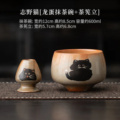 Green Tea Cat Mug Set 4pc Bamboo Spoon Ceramic Cup