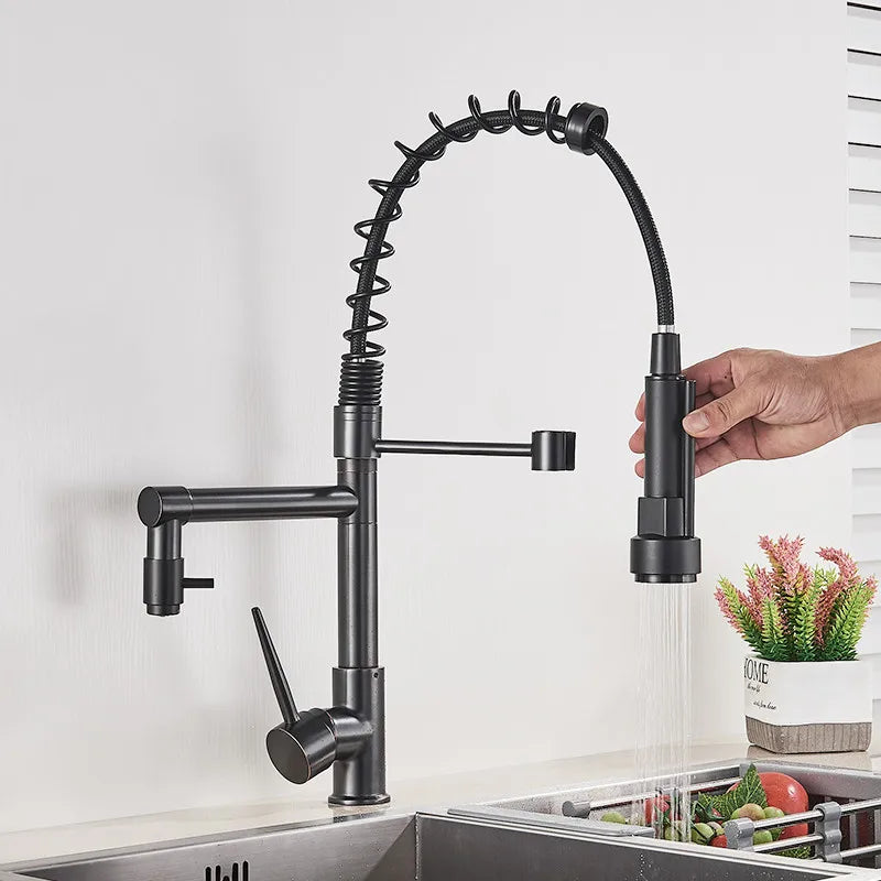 Flexible Double Spout Kitchen Faucet with Swivel