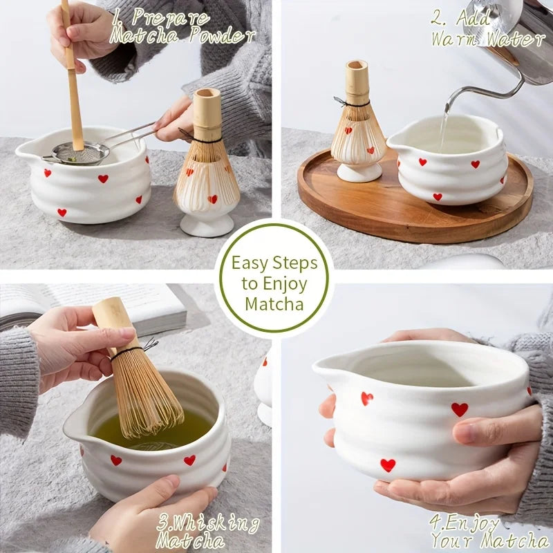 Ceramic Green Tea Bowl Set with Whisk for Matcha