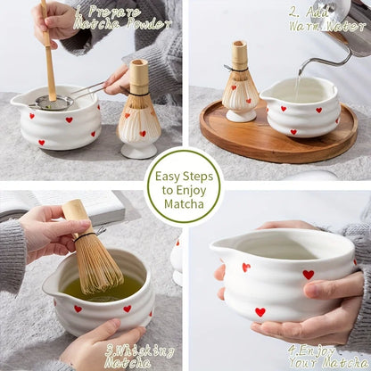 Ceramic Green Tea Bowl Set with Whisk for Matcha