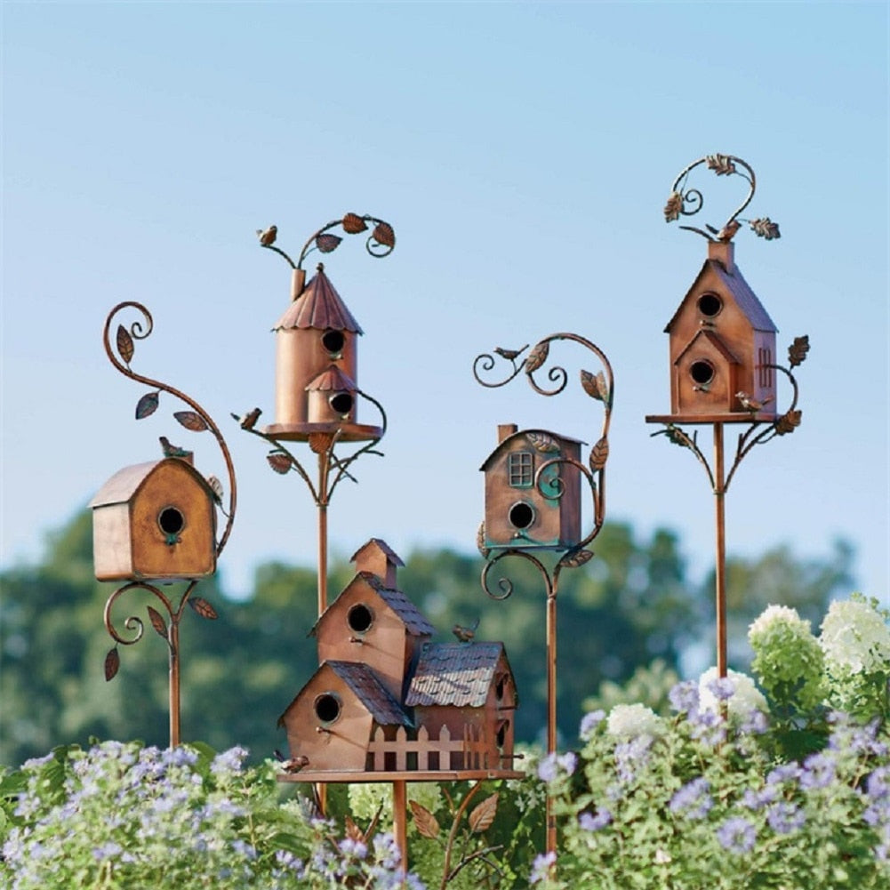 Metal Birdhouse on Yard Stake - Garden Decor - Cofik