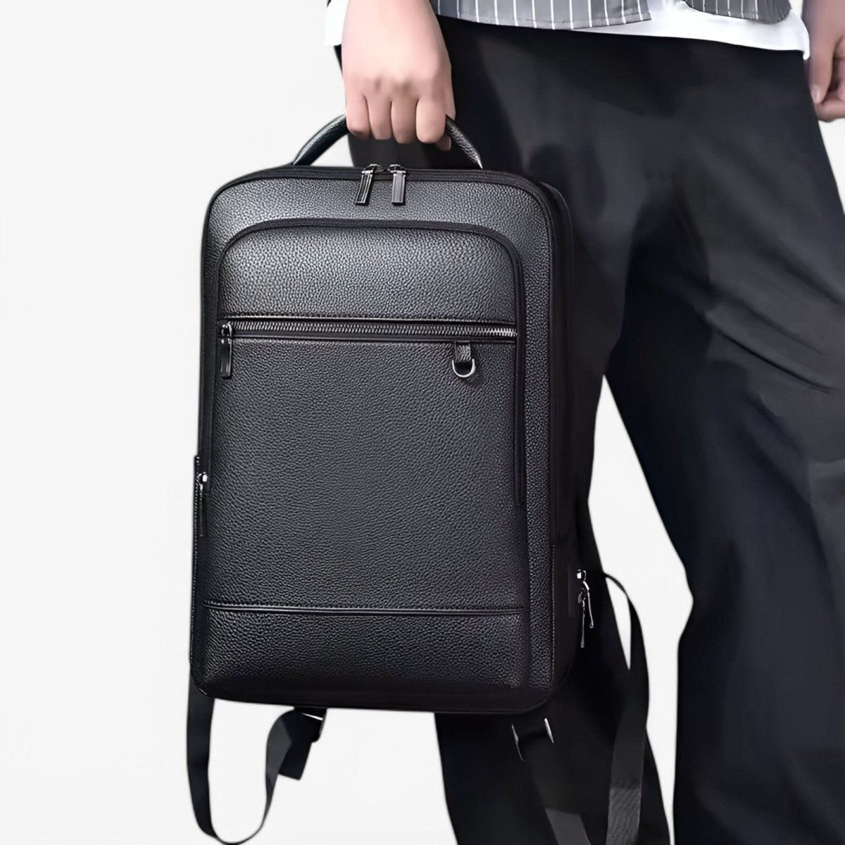 Stylish Leather Backpack with USB Port, 15.6 Inch, Black