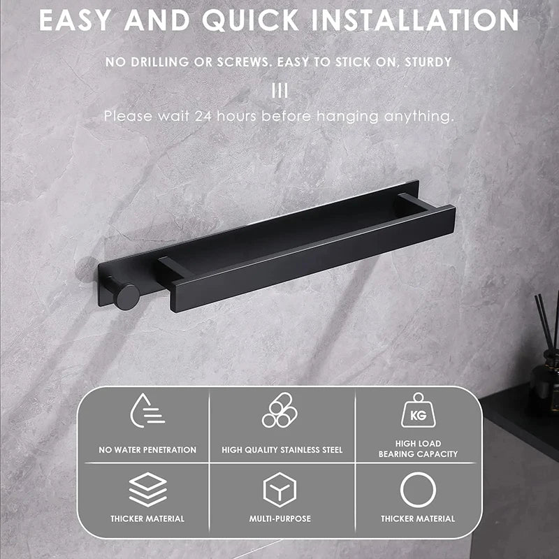 Sleek Adhesive Wall Towel Holder in Silver and Black