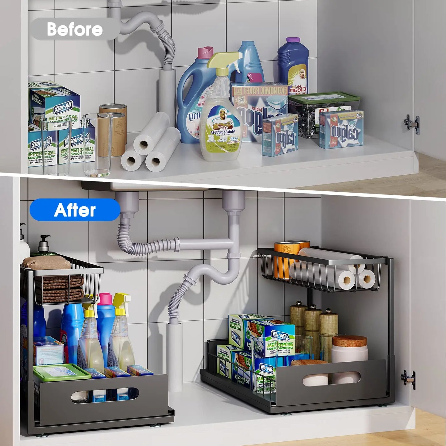 2-Tier Under Sink Rollout Storage Cabinet Organizer