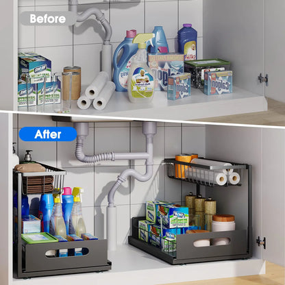 2-Tier Under Sink Rollout Storage Cabinet Organizer